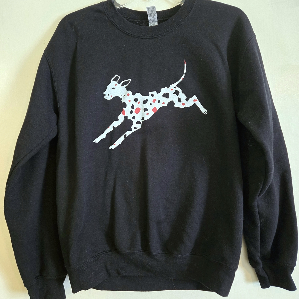 Gildan Black Crewneck Sweatshirt with White and Red Dalmatian Graphic